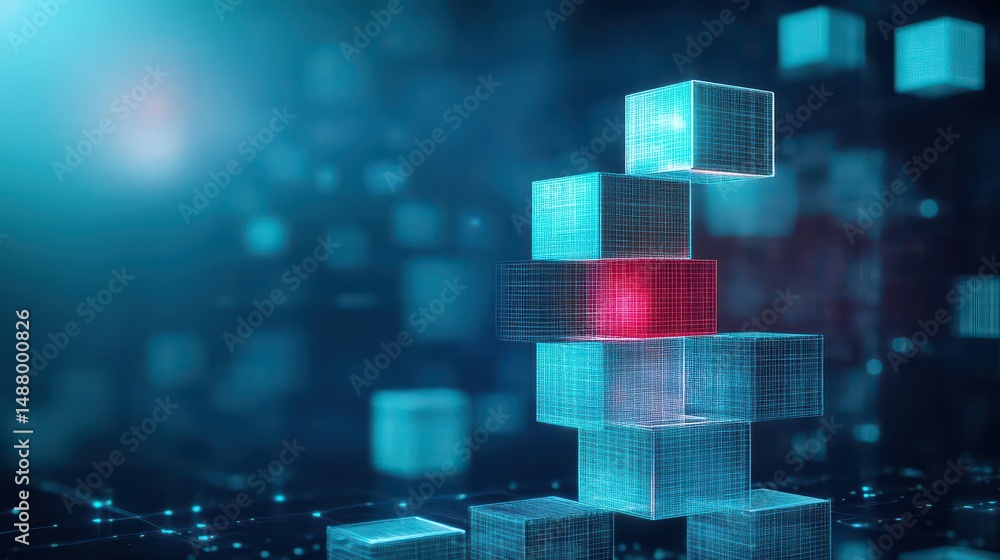 Poster intricate 3d cube tower illuminated by radiant red light creating a futuristic and captivating visua