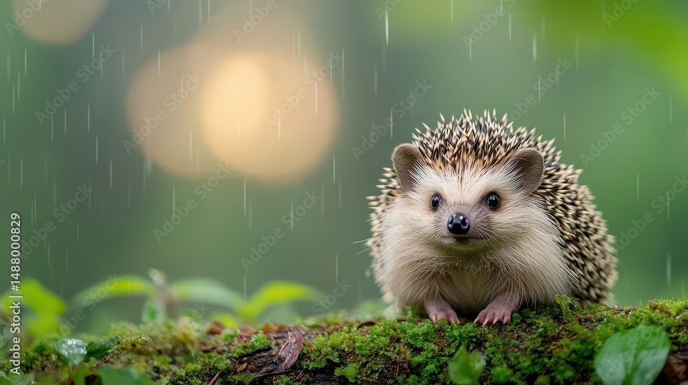 Poster lush green hedge surrounded by soft rainfall creating a tranquil and refreshing atmosphere in a sere
