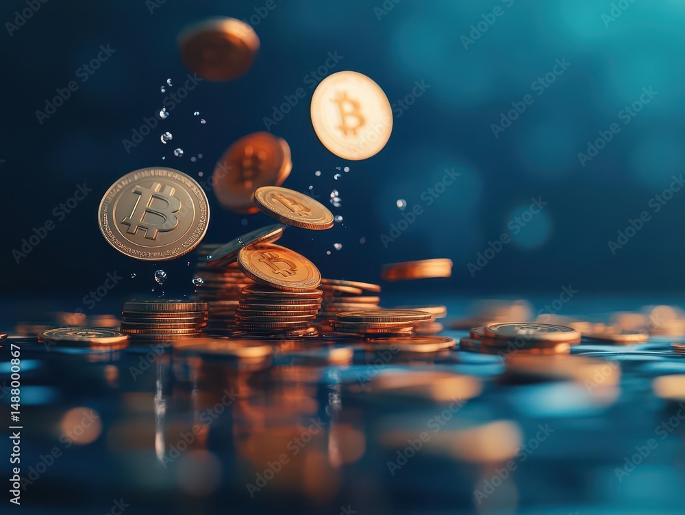 Poster coins cascading downward in a dynamic motion capturing wealth and abundance against a softly blurred