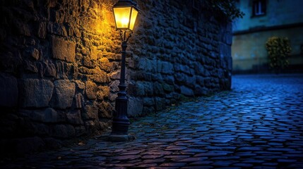 Illuminated cobblestone pathway with glowing lamp post along aged stone walls