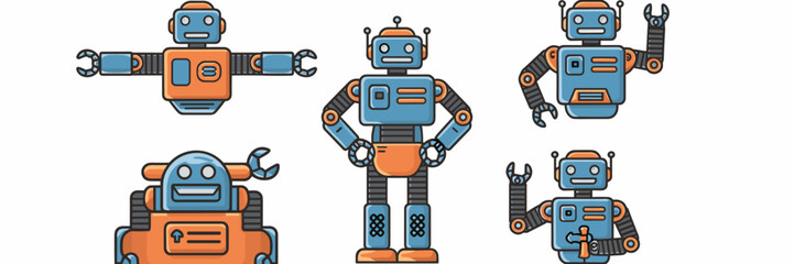 Fototapeta premium Blue and orange robot icon set in different poses – Perfect for robotics content, children’s media, or tech branding.