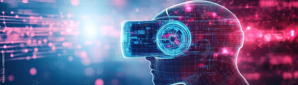 Poster futuristic robot featuring advanced virtual interface on its head surrounded by a high-tech environm