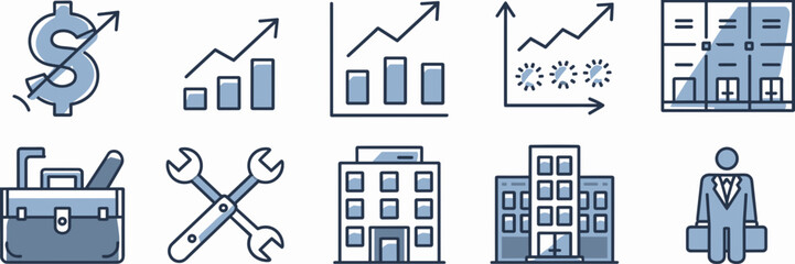 Obraz premium Finance vector icon sheet with dollar sign and rising arrow – Great for investment tools, economic trend analysis, or fintech branding.