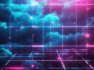 Obraz premium Vibrant Neon Lights Illuminating Dark Background Surrounded by Ethereal Clouds Creating a Futuristic and Dreamlike Atmosphere in Urban Setting