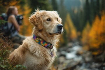 Obraz premium Golden Retriever sits attentively in an autumn forest, wearing a colorful collar, with a woman with a camera in soft focus behind.
