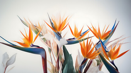 Vibrant arrangement of tropical flowers showcasing bright orange and blue petals against a soft background