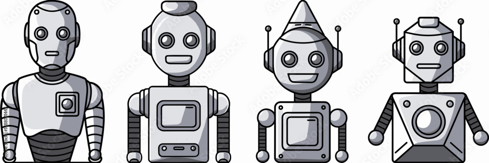 Poster vector icon sheet of uniquely designed robots – ideal for sci-fi themes, educational illustrations, 
