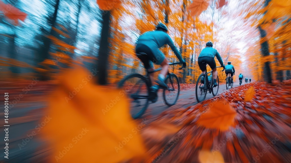 Poster two cyclists riding through vibrant autumn forest surrounded by colorful leaves creating a dynamic o