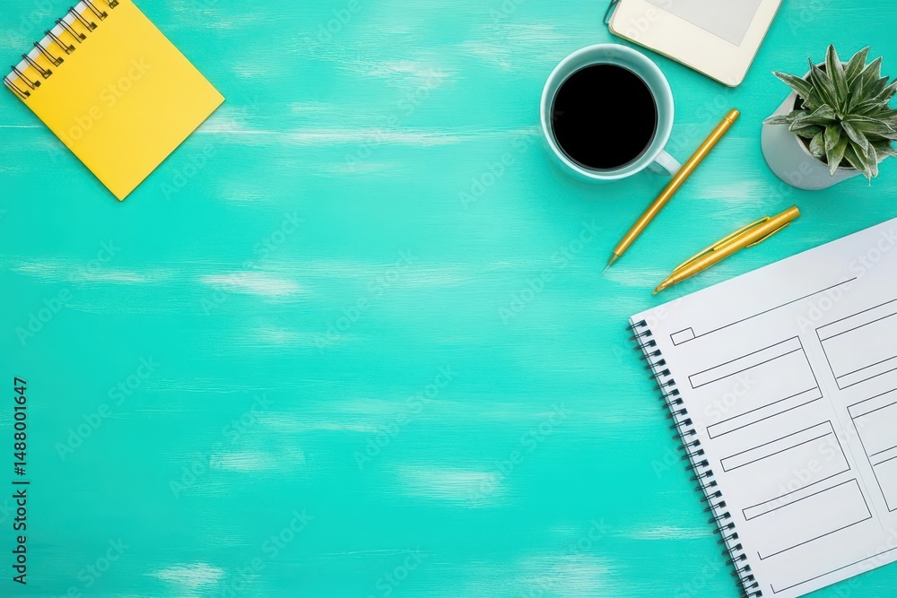 Poster cozy workspace featuring laptop open for inspiration with notepad and steaming coffee cup creating a
