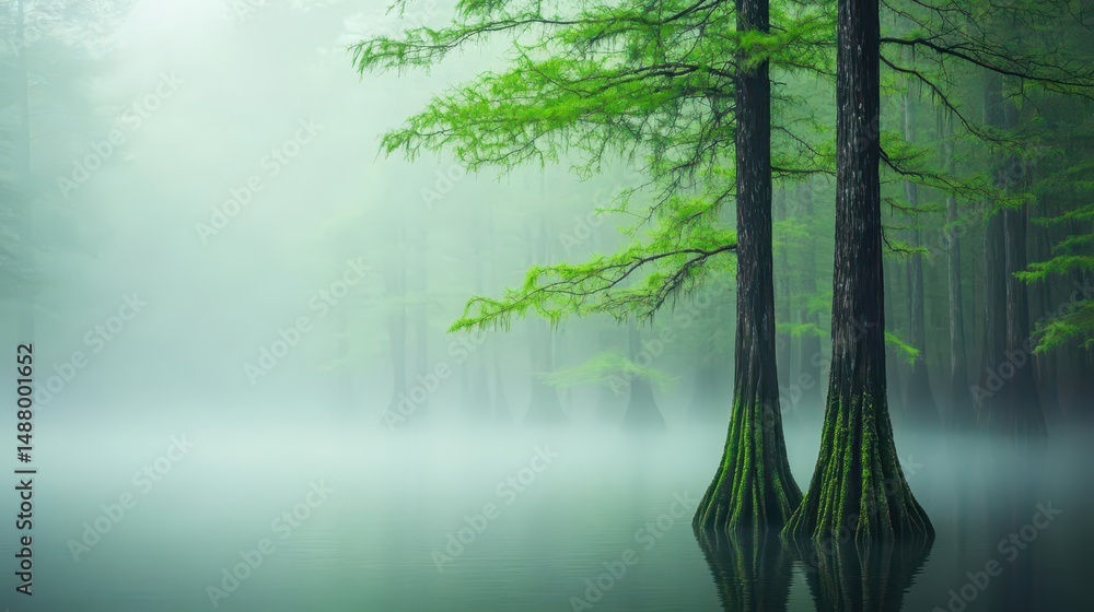 Aufkleber misty swamp in enigmatic forest surrounded by lush foliage and shrouded in fog creating an ethereal 