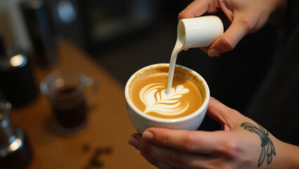 Close-up of a barista pouring milk from a small pitcher to create intricate latte art in a coffee cup. Focus on hand tattoos, milk stream, and detailed heart pattern.