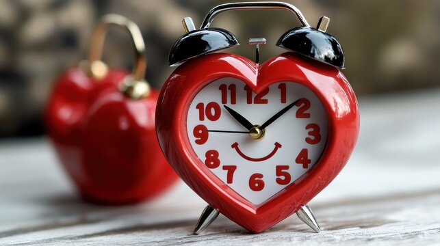 Heart-shaped alarm clock with a smiling face, surrounded by decorative red objects on a wooden surface