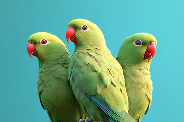 Three vibrant green parrots perched closely together against a bright turquoise background