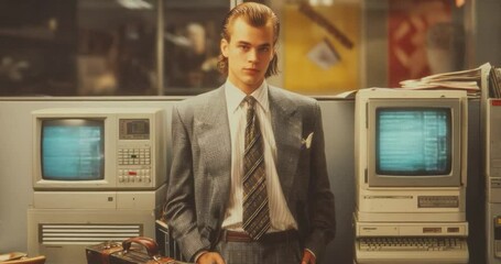 A stylish young man, dressed in a suit, stands by vintage computers with a focused look. - Powered by Adobe