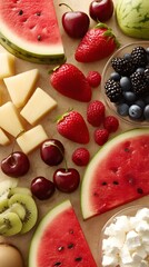 Fresh summer fruits and cheese assortment flat lay

