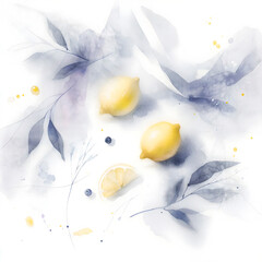 Watercolor painting. Lemons on a table with light purple and yellow colors. white background.  fresh, simple, and modern. Simple and clean image of lemons. subtle, elegant, refined.