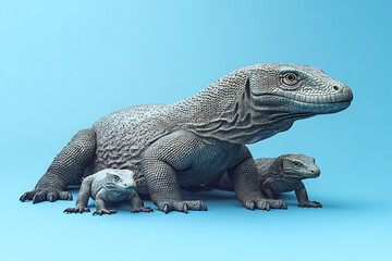 Obraz premium Three realistic lizards resting on a blue background, showcasing their textured skin and posture