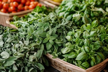 Naklejka premium Vibrant market scene local farmers market fresh herbs and vegetables outdoor setting close-up view culinary delights and sustainability