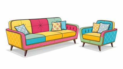 "Modern Sofa Set Vector Illustration – Interior Living Room Furniture Design, Minimal Couch Decor"