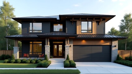 Modern architectural design render of a luxurious two story residential home exterior