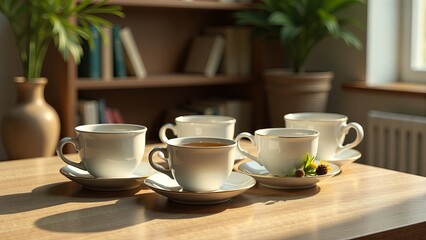 Coffee Cups On Table In Sunlight