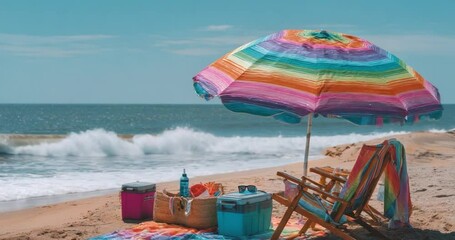 A vibrant beach scene with a rainbow umbrella and ocean waves, perfect for summer relaxation.