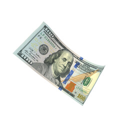 Transparent PNG 3D render of Single falling 100 dollar banknote with realistic textures and lighting. Isolated on alpha background, ideal for finance, design, marketing, and visual presentations.