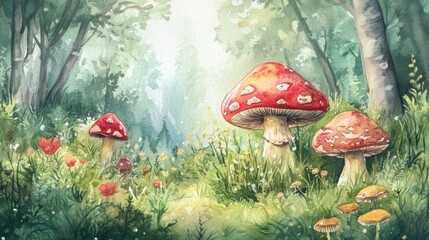 Watercolor painting of enchanting forest scene with vibrant red and orange mushrooms amongst wildflowers and trees.