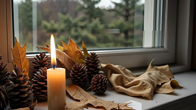 Cozy candle with pinecones and autumn leaves on windowsill  