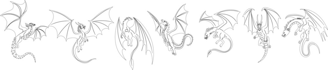 dragon flying, sketch, outline, vector