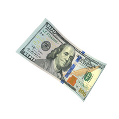 Transparent PNG 3D render of Single falling 100 dollar banknote with realistic textures and lighting. Isolated on alpha background, ideal for finance, design, marketing, and visual presentations.