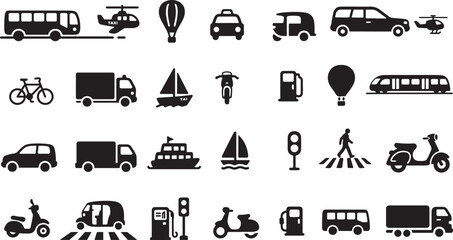 Comprehensive Collection of Transportation and Travel Symbols and Icons on white background.