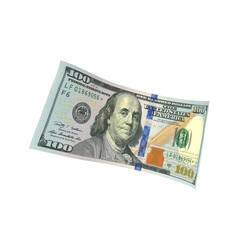 Transparent PNG 3D render of Single falling 100 dollar banknote with realistic textures and lighting. Isolated on alpha background, ideal for finance, design, marketing, and visual presentations.