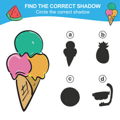 Find the correct shadow. Match the image with the shadow. Worksheet for kid. Educational printable worksheet. Simple gaming level for preschool kids. 