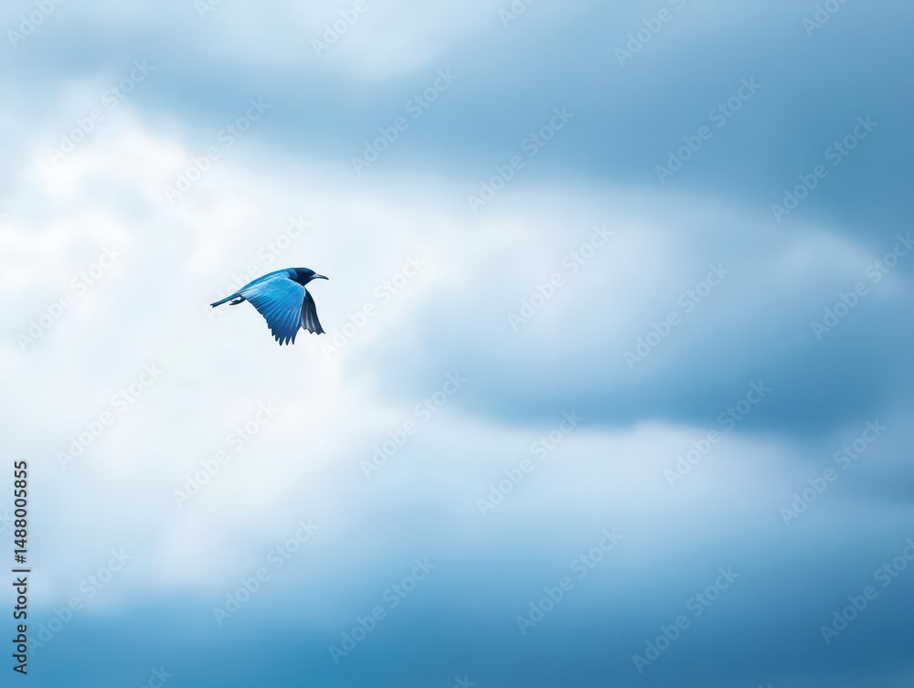 Poster graceful bird soaring through clear blue sky with soft white clouds creating a tranquil atmosphere o