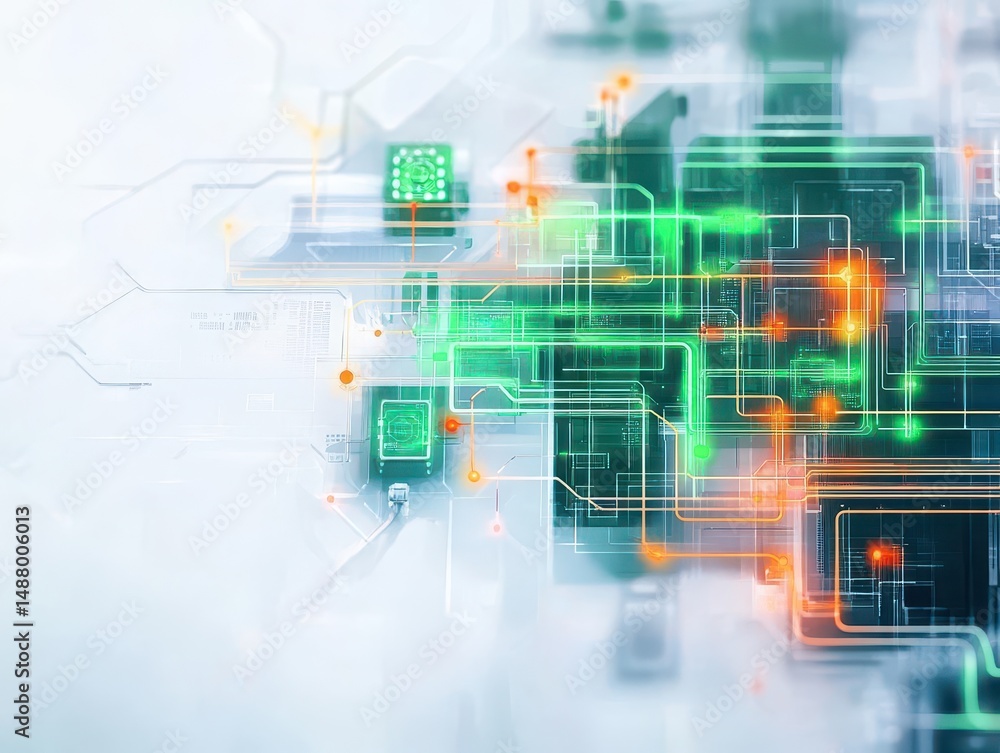 Poster futuristic computer circuitry with vibrant green and orange lights creating an intricate and engagin