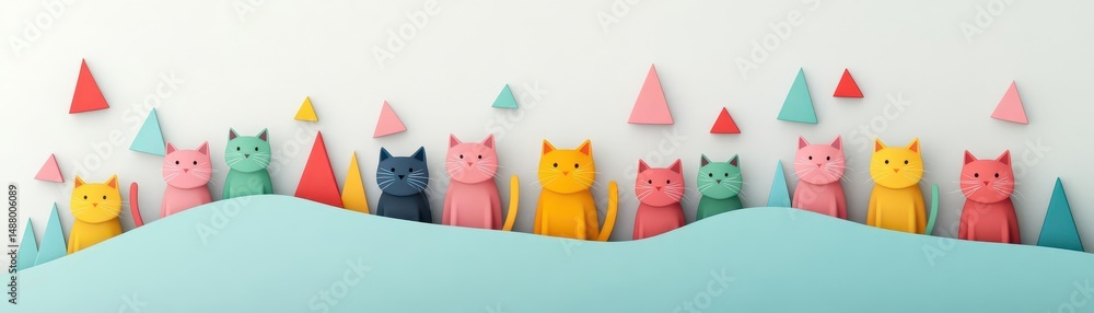 Poster intricate paper art featuring playful cats crafting a whimsical and charming scene with delicate tex