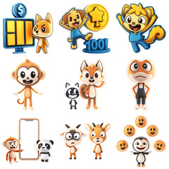 Obraz premium Set of animated animal characters and gaming icons with meme internet style, expressing excitement and curiosity playful scene