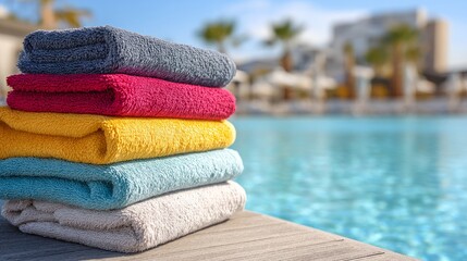 Stack of colorful towels by poolside Outdoor summer background realistic texture with lifestyle and leisure vibe