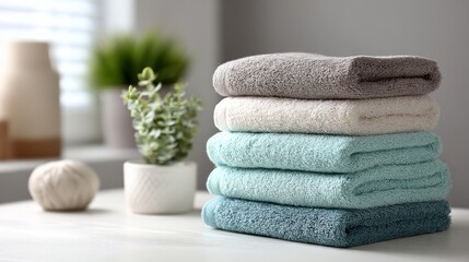 Stacked bath towels on white table indoors Neutral composition with realistic texture and space for text