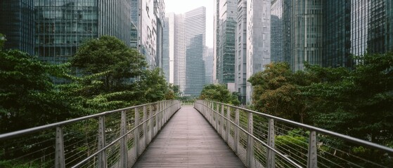A serene pedestrian bridge gracefully cuts through lush greenery, flanked by towering modern skyscrapers.