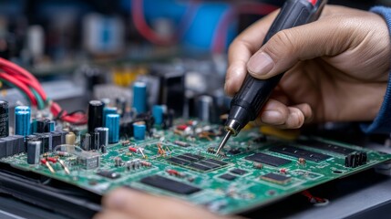 Technician checks voltage on TV circuit board Closeup of electronics repair in service and maintenance industry