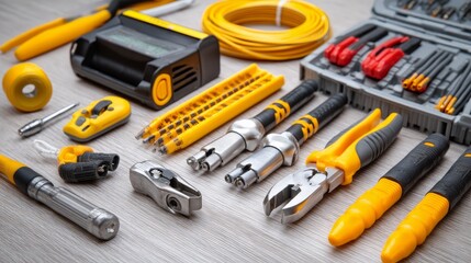 Tools and cables used for electrical home installations Closeup of components with textured surface