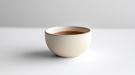 A simple, light beige ceramic teacup filled with light brown liquid against a bright white background
