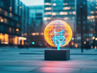 Illuminated Globe Casting Soft Light on Urban Street Scene at Night Creating a Dreamy Atmosphere with Vibrant City Life and Tranquil Ambiance