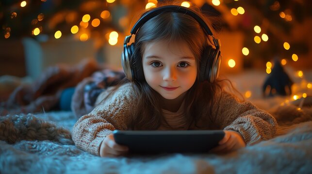 A young girl with headphones is engrossed in a tablet, surrounded by soft blankets and warm, inviting lights.