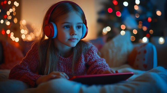 A young girl with headphones is engrossed in a tablet, surrounded by soft blankets and warm, inviting lights. - Powered by Adobe