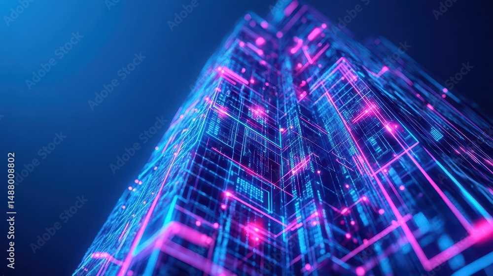 Poster intricate computer circuit design featuring vibrant pink and blue lines creating a futuristic and dy