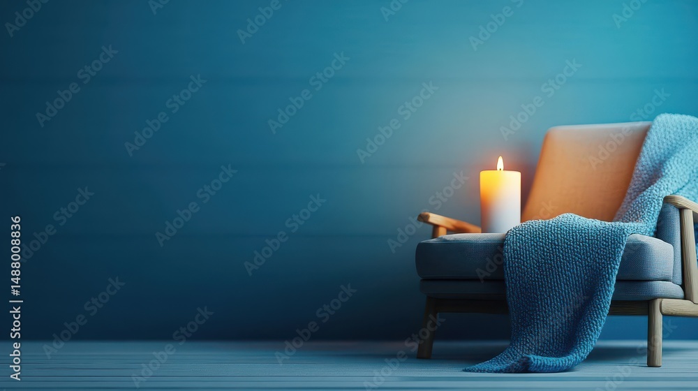 Poster cozy chair adorned with soft blanket and flickering candle creating a warm inviting atmosphere perfe