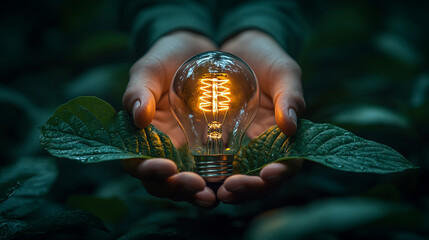 Hands holding glowing lightbulb with plant leaves in dark forest